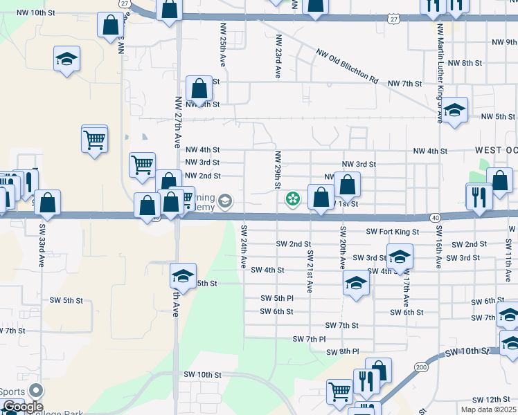 map of restaurants, bars, coffee shops, grocery stores, and more near 2211 Southwest 1st Street in Ocala