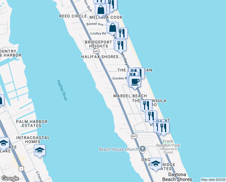 map of restaurants, bars, coffee shops, grocery stores, and more near 2 Homan Terrace in Daytona Beach