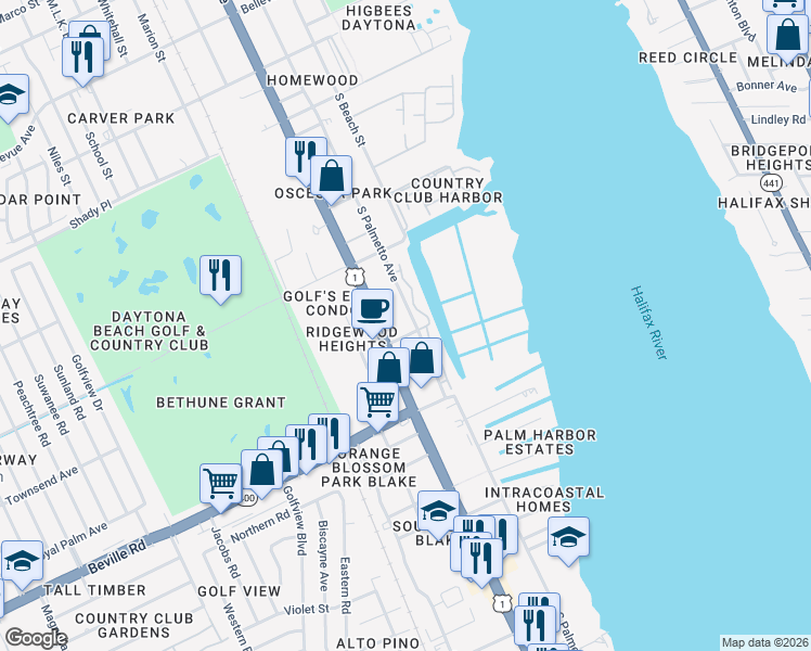 map of restaurants, bars, coffee shops, grocery stores, and more near 1361 South Ridgewood Avenue in Daytona Beach