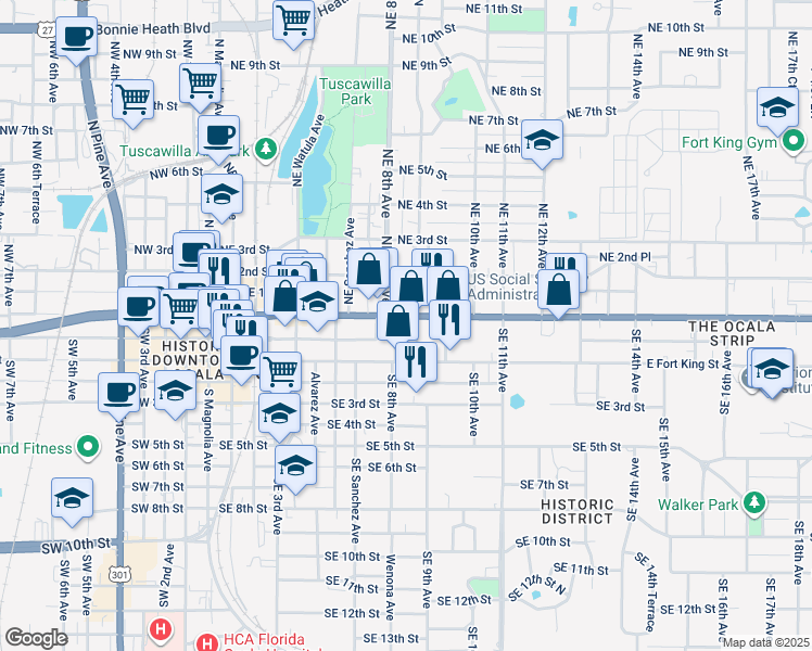 map of restaurants, bars, coffee shops, grocery stores, and more near 800-814 East Silver Springs Boulevard in Ocala