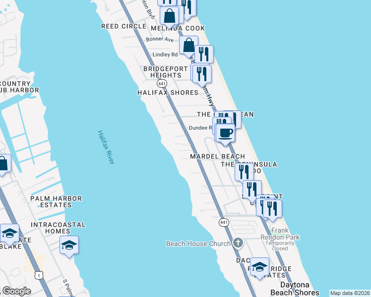 map of restaurants, bars, coffee shops, grocery stores, and more near 2 Homan Terrace in Daytona Beach