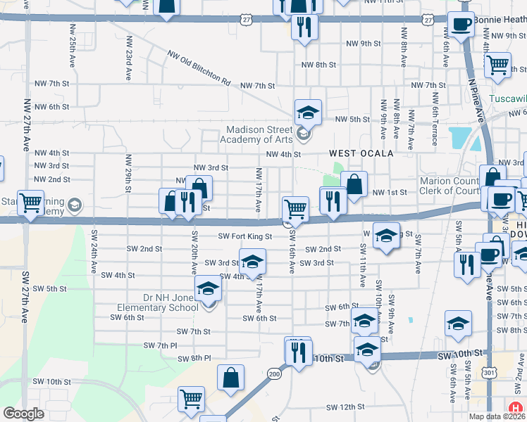 map of restaurants, bars, coffee shops, grocery stores, and more near 6 Northwest 16th Court in Ocala