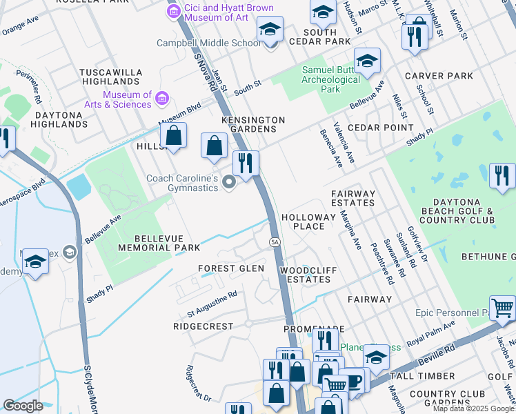 map of restaurants, bars, coffee shops, grocery stores, and more near 886 South Nova Road in Daytona Beach