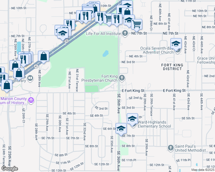map of restaurants, bars, coffee shops, grocery stores, and more near 3437 East Fort King Street in Ocala