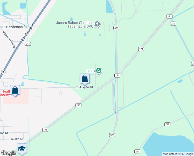 map of restaurants, bars, coffee shops, grocery stores, and more near 599 County Road 443 in Angleton