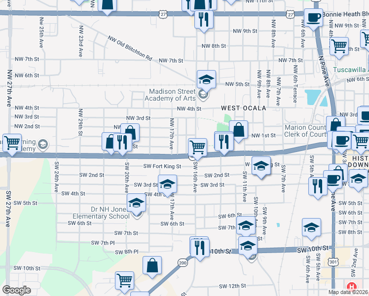 map of restaurants, bars, coffee shops, grocery stores, and more near 6 Northwest 16th Court in Ocala
