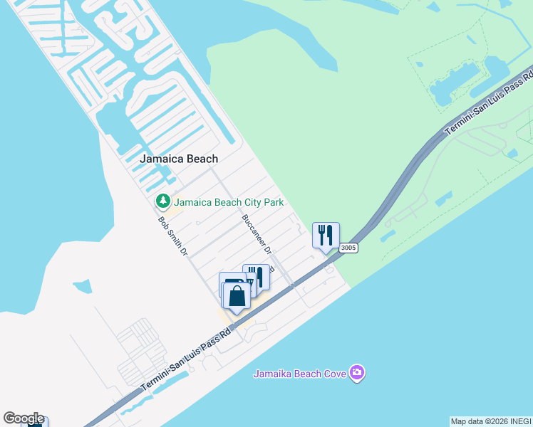map of restaurants, bars, coffee shops, grocery stores, and more near 16514 John Davis Road in Jamaica Beach
