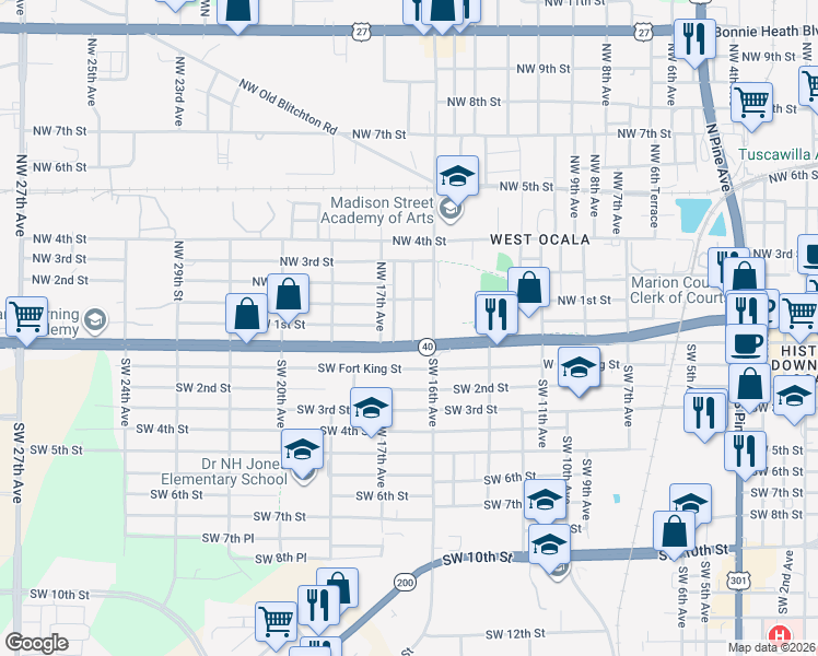 map of restaurants, bars, coffee shops, grocery stores, and more near 6 Northwest 16th Court in Ocala