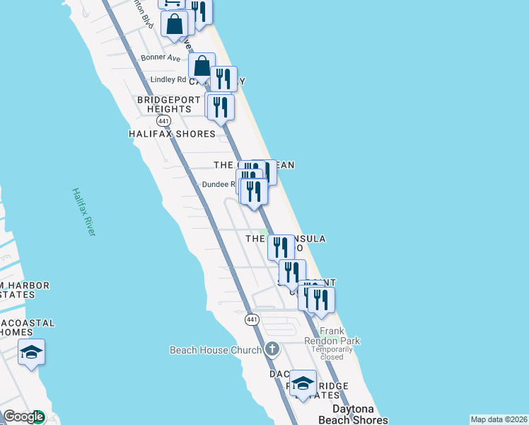 map of restaurants, bars, coffee shops, grocery stores, and more near 2515 Highway A1A in Daytona Beach Shores