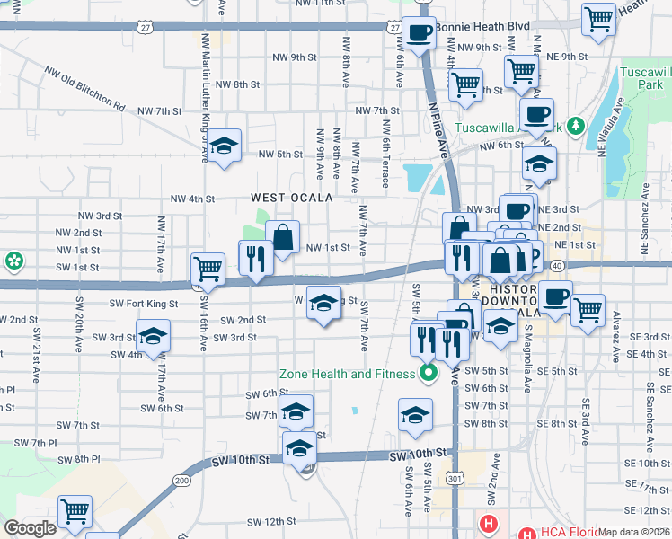 map of restaurants, bars, coffee shops, grocery stores, and more near 814 West Silver Springs Place in Ocala