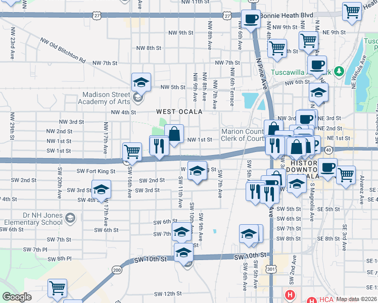 map of restaurants, bars, coffee shops, grocery stores, and more near 1002 West Silver Springs Place in Ocala