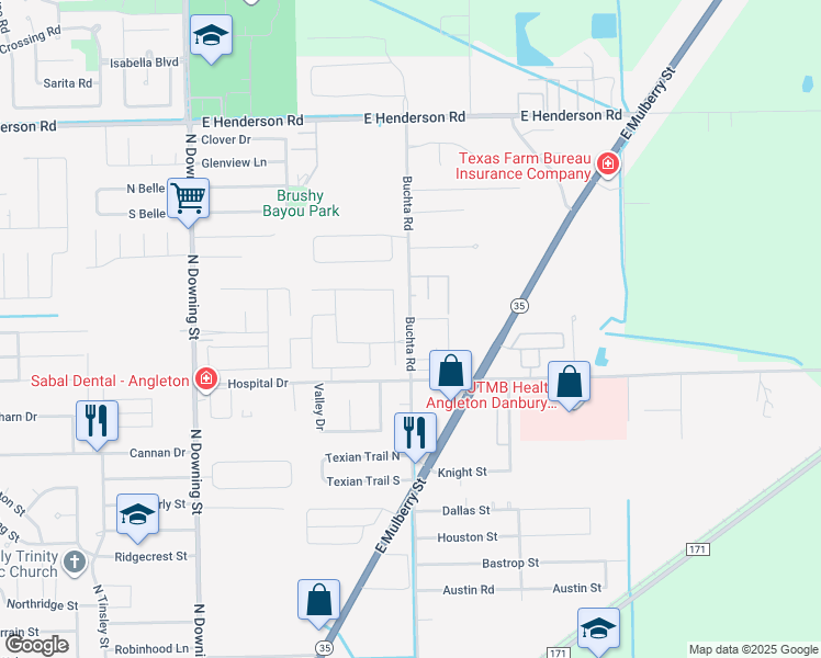 map of restaurants, bars, coffee shops, grocery stores, and more near 1102 Buchta Road in Angleton