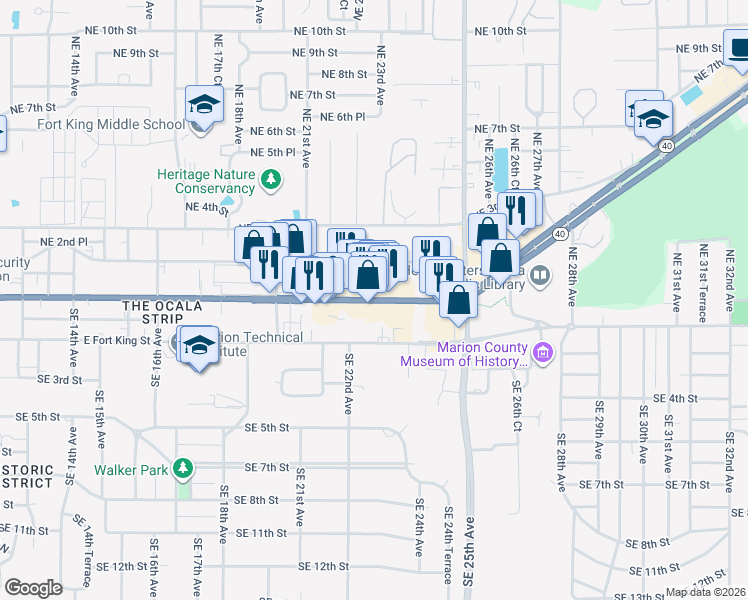 map of restaurants, bars, coffee shops, grocery stores, and more near 2214 East Silver Springs Boulevard in Ocala