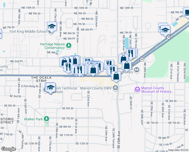 map of restaurants, bars, coffee shops, grocery stores, and more near 2212 East Silver Springs Boulevard in Ocala