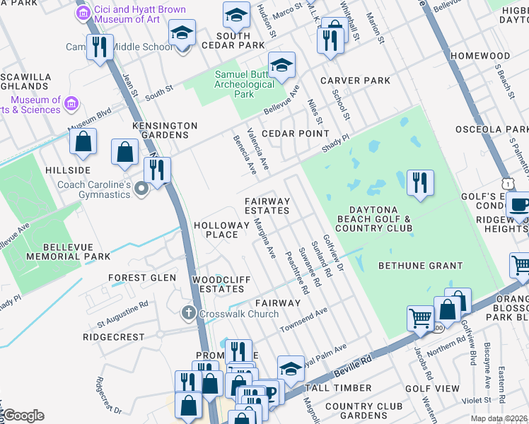 map of restaurants, bars, coffee shops, grocery stores, and more near 1170 Peachtree Road in Daytona Beach