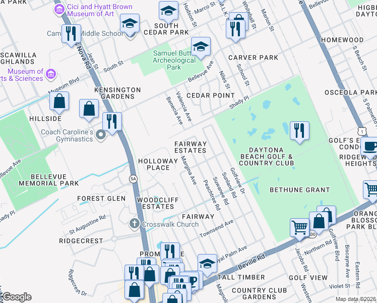 map of restaurants, bars, coffee shops, grocery stores, and more near 1170 Peachtree Road in Daytona Beach