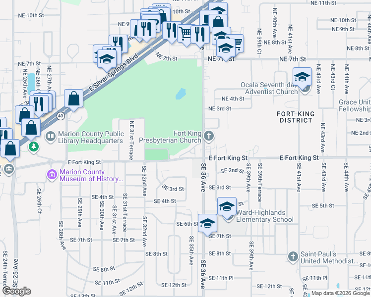 map of restaurants, bars, coffee shops, grocery stores, and more near 3437 East Fort King Street in Ocala