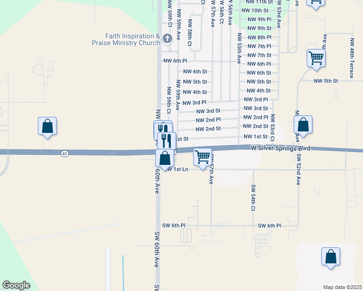 map of restaurants, bars, coffee shops, grocery stores, and more near 5861 Highway 40 in Ocala