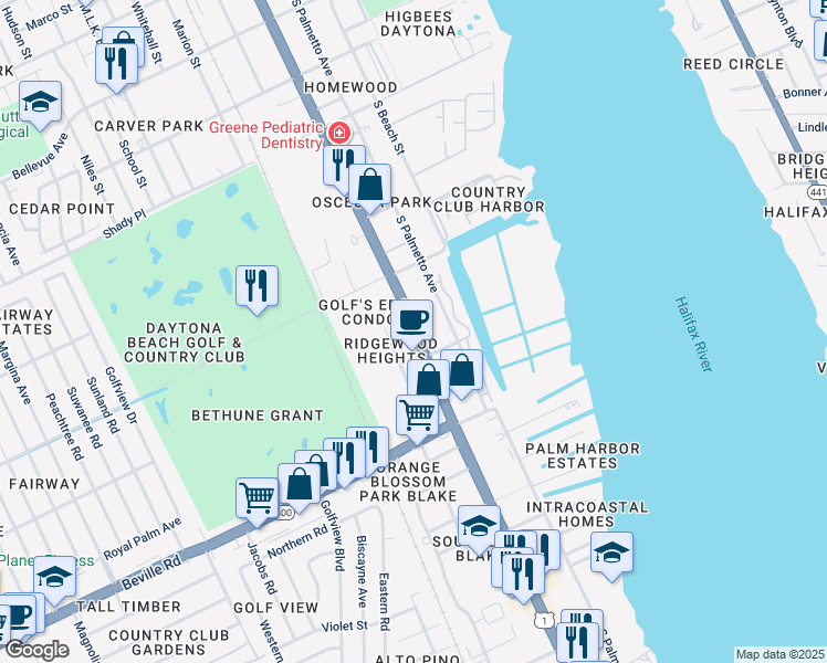 map of restaurants, bars, coffee shops, grocery stores, and more near 1398 South Ridgewood Avenue in Daytona Beach