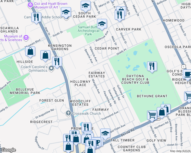 map of restaurants, bars, coffee shops, grocery stores, and more near 1170 Peachtree Road in Daytona Beach