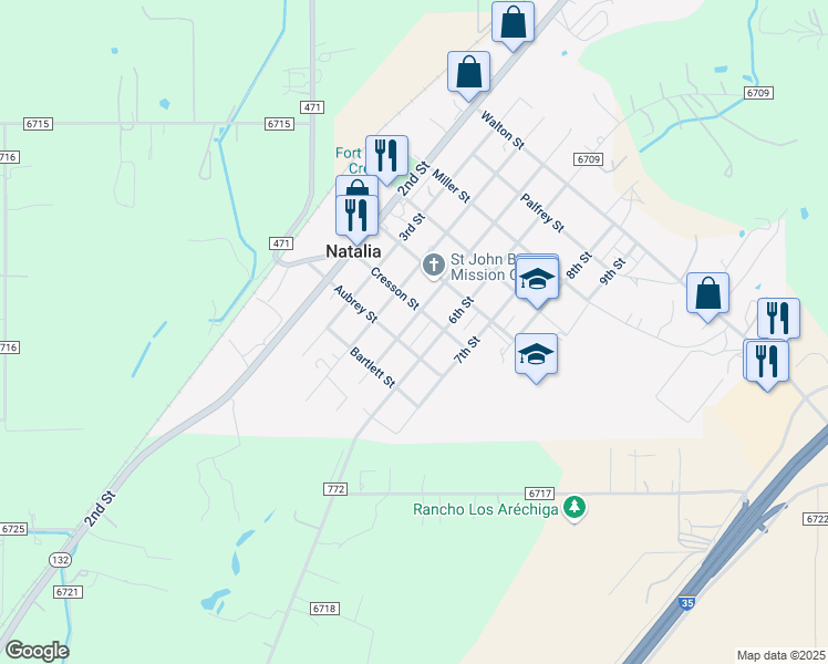 map of restaurants, bars, coffee shops, grocery stores, and more near 609 5th Street in Natalia