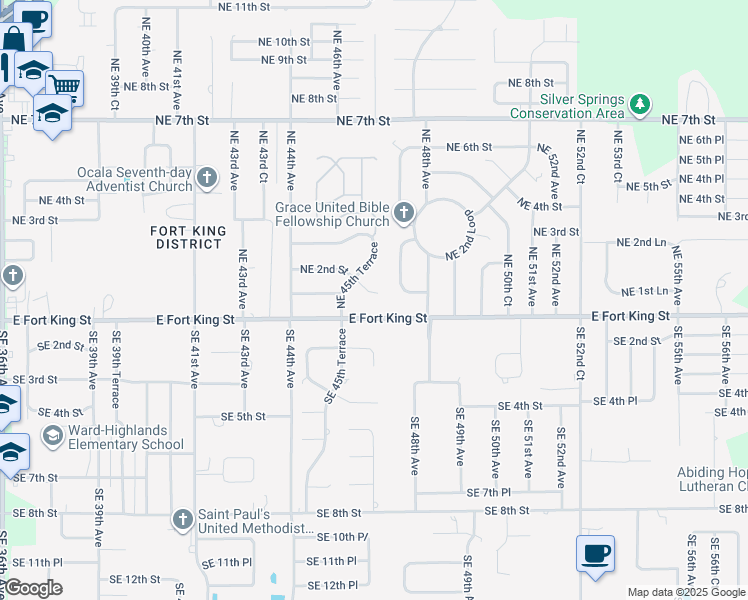 map of restaurants, bars, coffee shops, grocery stores, and more near 4586 Northeast 2nd Street in Ocala