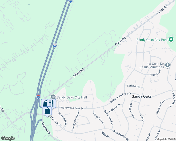 map of restaurants, bars, coffee shops, grocery stores, and more near 22540 Priest Road in Elmendorf