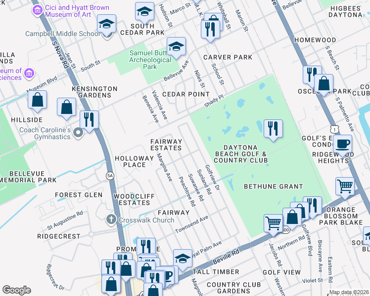 map of restaurants, bars, coffee shops, grocery stores, and more near 1128 Sunland Road in Daytona Beach