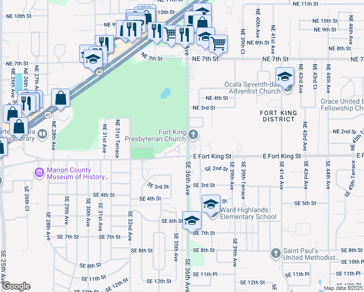 map of restaurants, bars, coffee shops, grocery stores, and more near 3525 East Fort King Street in Ocala