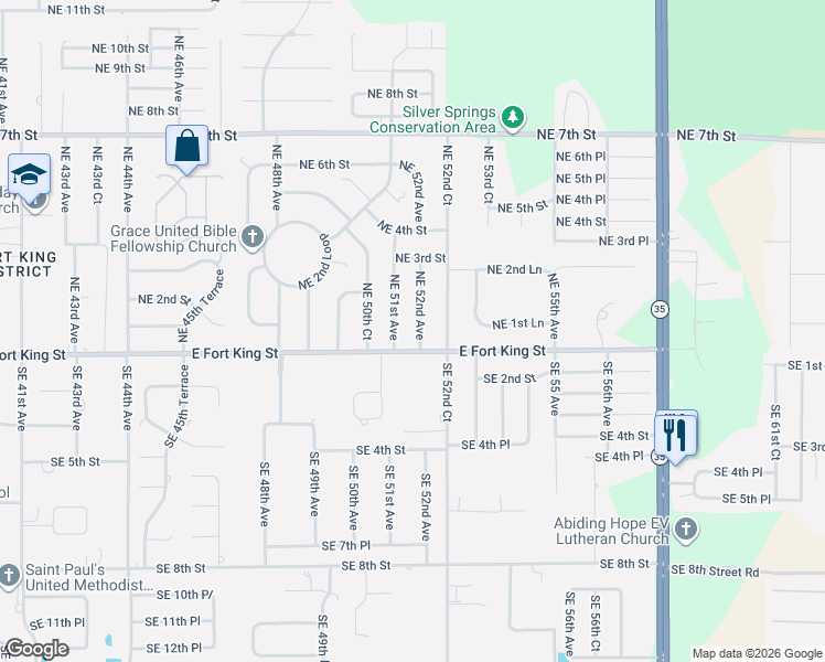 map of restaurants, bars, coffee shops, grocery stores, and more near 60 Northeast 52nd Avenue in Ocala