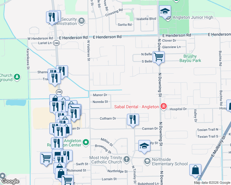 map of restaurants, bars, coffee shops, grocery stores, and more near 801 Manor Dr in Angleton