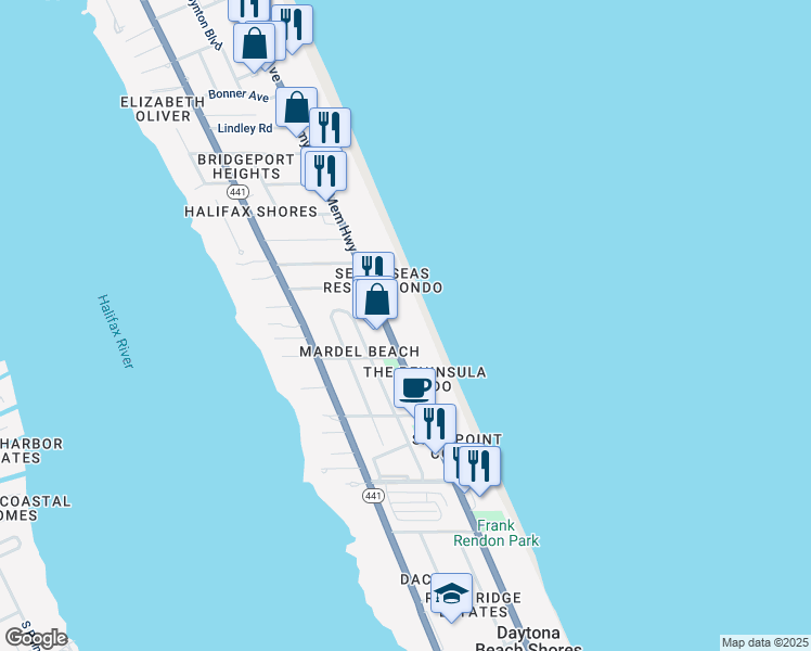 map of restaurants, bars, coffee shops, grocery stores, and more near 2515 South Atlantic Avenue in Daytona Beach
