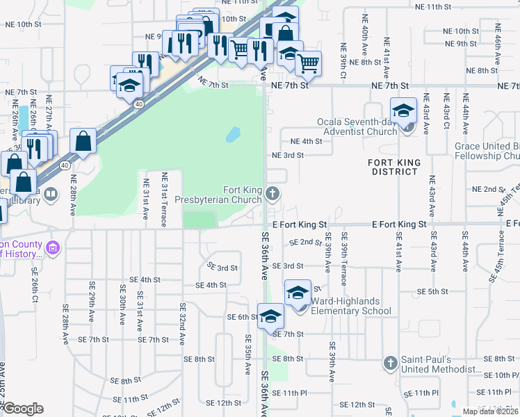 map of restaurants, bars, coffee shops, grocery stores, and more near 3545 East Fort King Street in Ocala