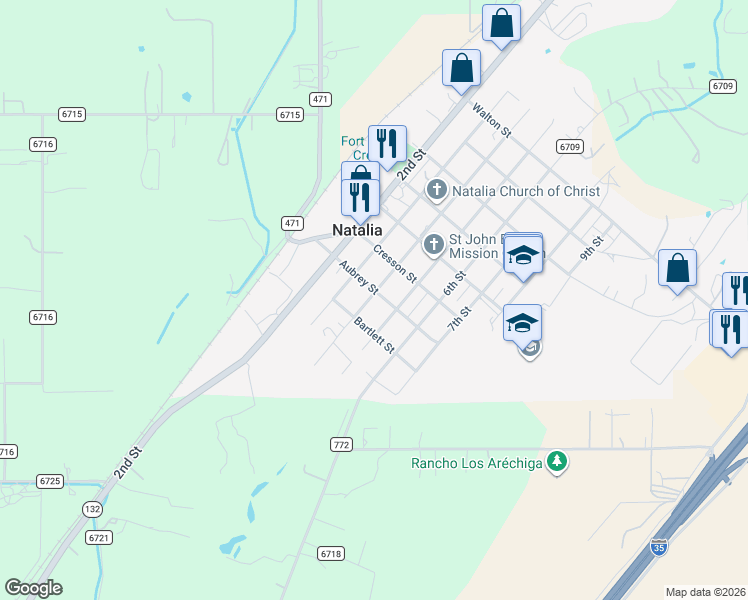 map of restaurants, bars, coffee shops, grocery stores, and more near 401 Aubrey Street in Natalia