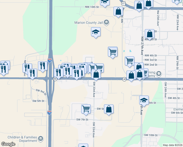 map of restaurants, bars, coffee shops, grocery stores, and more near 2-398 NW 33rd Ct in Ocala