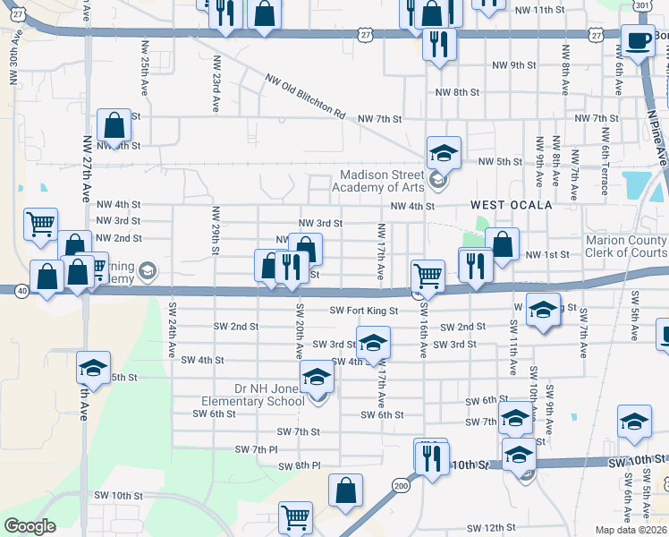 map of restaurants, bars, coffee shops, grocery stores, and more near 1907 Southwest 1st Street in Ocala