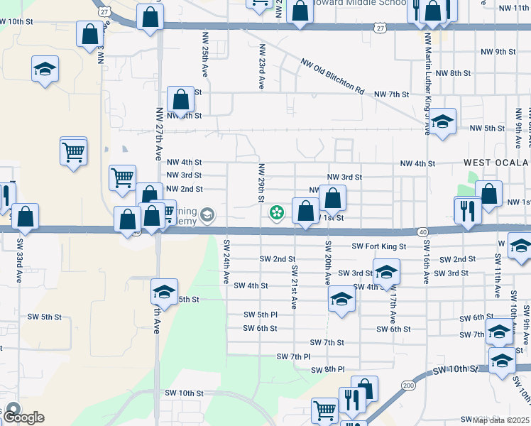 map of restaurants, bars, coffee shops, grocery stores, and more near 2211 Southwest 1st Street in Ocala