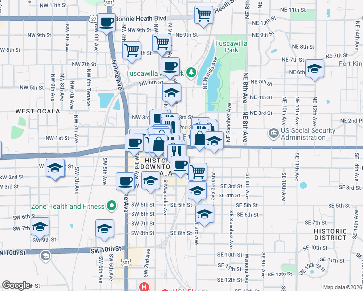 map of restaurants, bars, coffee shops, grocery stores, and more near 177 East Silver Springs Boulevard in Ocala