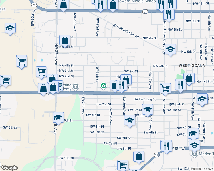 map of restaurants, bars, coffee shops, grocery stores, and more near 2119 Southwest 1st Street in Ocala