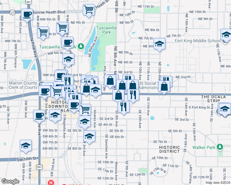 map of restaurants, bars, coffee shops, grocery stores, and more near 800-814 East Silver Springs Boulevard in Ocala