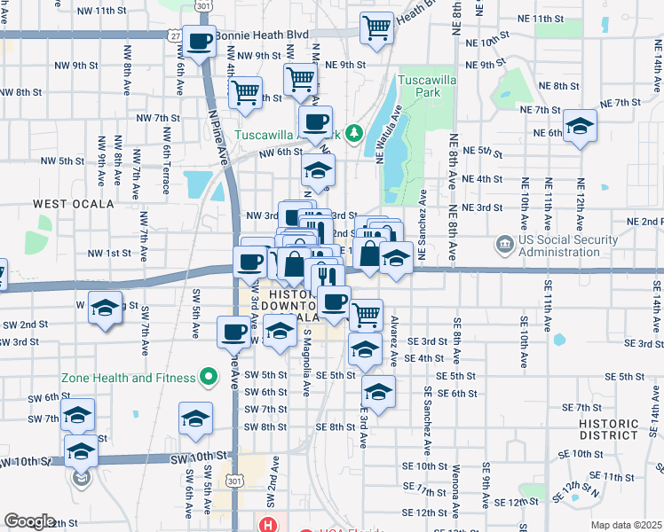 map of restaurants, bars, coffee shops, grocery stores, and more near 177 East Silver Springs Boulevard in Ocala