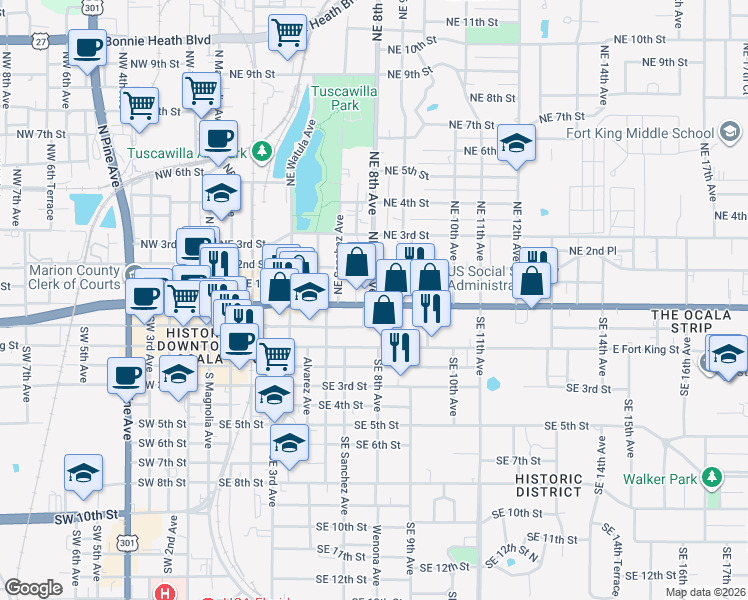 map of restaurants, bars, coffee shops, grocery stores, and more near 800-814 East Silver Springs Boulevard in Ocala