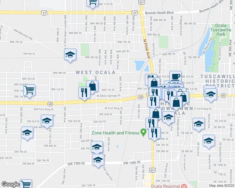 map of restaurants, bars, coffee shops, grocery stores, and more near 711 West Silver Springs Place in Ocala