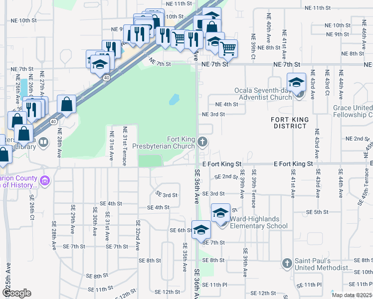 map of restaurants, bars, coffee shops, grocery stores, and more near 3507 East Fort King Street in Ocala
