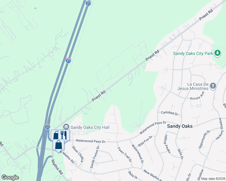 map of restaurants, bars, coffee shops, grocery stores, and more near 22540 Priest Road in Elmendorf