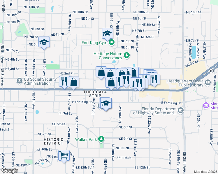 map of restaurants, bars, coffee shops, grocery stores, and more near 1729 East Silver Springs Boulevard in Ocala