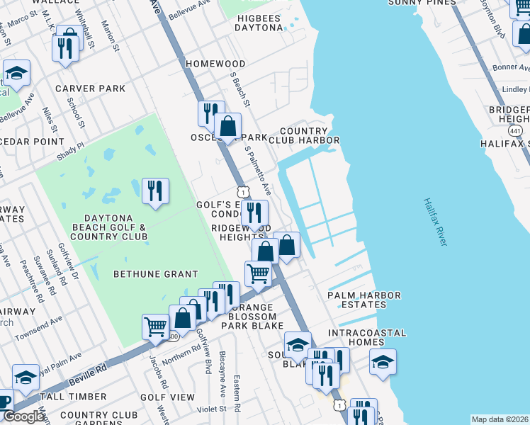 map of restaurants, bars, coffee shops, grocery stores, and more near 1361 South Ridgewood Avenue in Daytona Beach