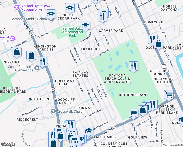 map of restaurants, bars, coffee shops, grocery stores, and more near 1128 Sunland Road in Daytona Beach