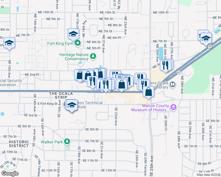 map of restaurants, bars, coffee shops, grocery stores, and more near 2159 East Silver Springs Boulevard in Ocala