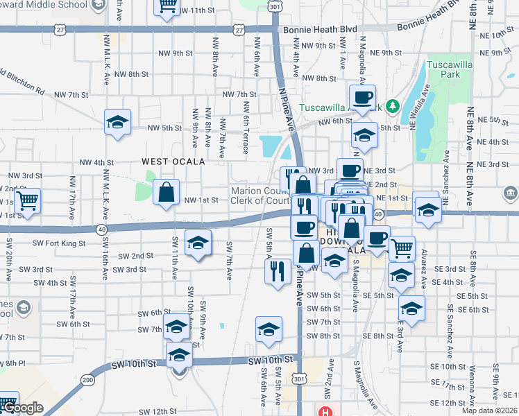map of restaurants, bars, coffee shops, grocery stores, and more near 519 West Silver Springs Place in Ocala